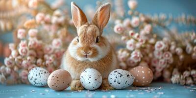 ai généré une photo de une charmant lapin séance fièrement parmi une ensemble de tacheté et rayé Pâques des œufs dans une brillant, sur le thème du printemps réglage