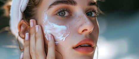 ai généré magnifique moment de du quotidien soins de la peau. fermer de une Jeune femme appliquant crème à sa joue photo