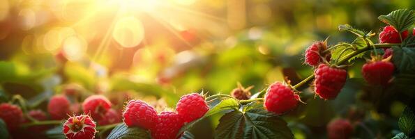 ai généré une photo capturer mûr framboises croissance sur une buisson avec le Soleil brillant dans le Contexte. le rouge baies supporter en dehors contre le vert feuilles, se prélasser dans le lumière du soleil