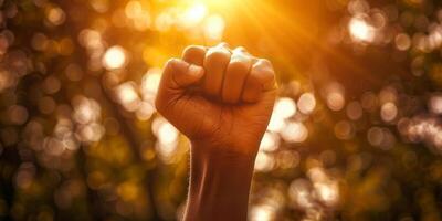 ai généré une fort et puissant image de une la personne élevage leur poing dans le air, symbolisant défi et manifestation. le geste dégage responsabilisation et détermination photo