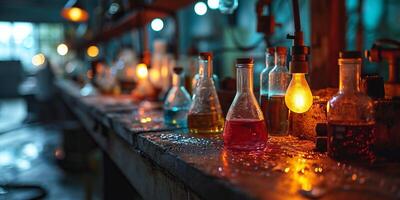 ai généré un tableau de erlenmeyer flacons rempli avec coloré chimique solutions sur une rustique laboratoire banc photo