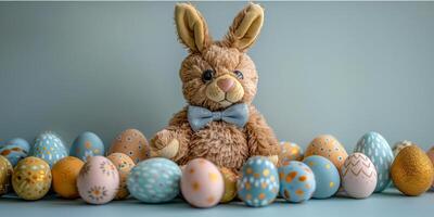 ai généré une photo avec une peluche marron lapin jouet avec longue oreilles séance dans de face de une rangée de coloré peint des œufs. le lapin apparaît mignonne et duveteux contre le vibrant toile de fond de le des œufs