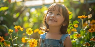 ai généré une Jeune fille avec une radieux sourire des stands au milieu de une luxuriant serre, entouré par vibrant Jaune fleurs, capturer une moment de innocence et délice dans la nature photo