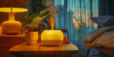 ai généré une serein chambre réglage à crépuscule, avec une humidificateur arôme diffuseur embrasé chaleureusement à côté de une mis en pot fougère et une fumant tasse de thé, évoquant une paisible et relaxant atmosphère photo