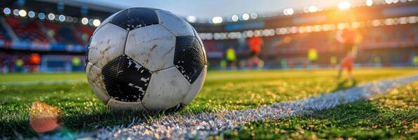 ai généré une classique noir et blanc football Balle est positionné sur Haut de une vibrant, bien maintenu vert champ. le Balle est Stationnaire, suggérant une moment de du repos ou préparation avant gameplay photo