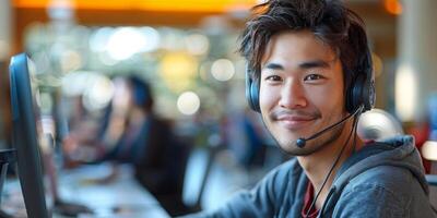 ai généré un asiatique engageant client un service représentant, une homme portant une casque, séance dans de face de une ordinateur moniteur, concentré sur le sien travail photo