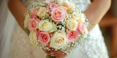 ai généré une la mariée est photographié en portant une bouquet de doux rose et blanc des roses. le délicat fleurs contraste magnifiquement contre sa blanc robe, ajouter une toucher de élégance à sa mariage tenue photo