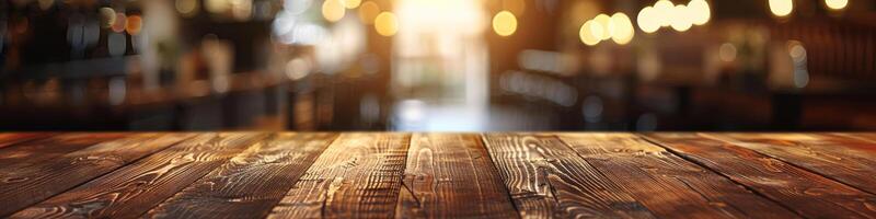 ai généré chaud ambiance dans café avec en bois dessus de la table photo