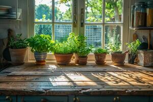 ai généré une rustique en bois table dans une confortable cuisine réglage Caractéristiques un tableau de mis en pot herbes se prélasser dans le lumière du soleil diffusion par une fenêtre, attrayant une sens de croissance et fraîcheur photo