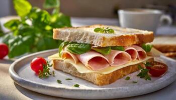 ai généré délicieux dégustation sandwich avec jambon et fromage photo