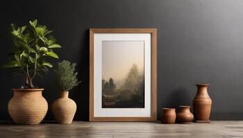 ai généré en bois affiche ou maquette sur le sol penché contre le mur avec les plantes photo