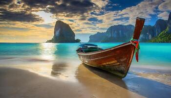 ai généré bateau avec incroyable plage Contexte photo