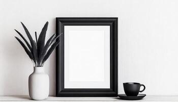 ai généré noir Cadre maquette avec blanc vase et une café tasse contre une blanc mur photo