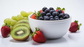 ai généré bol de brésilien congelé acai baie avec fraise, raisins, kiwi et myrtille et blanc Contexte photo