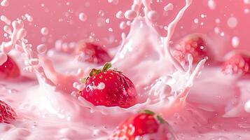 ai généré Lait éclaboussure avec des fraises isolé sur rose Contexte photo