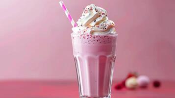 ai généré rayé pailles dans une verre de éclabousser fraise Milk-shake isolé sur pastel rose Couleur toile de fond photo