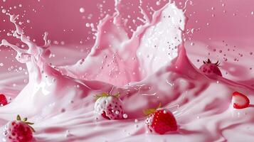 ai généré Lait éclaboussure avec des fraises isolé sur rose Contexte photo