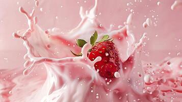 ai généré Lait éclaboussure avec des fraises isolé sur rose Contexte photo