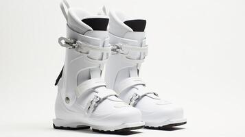 ai généré de pointe performance, abattre le pistes avec ces moderne blanc ski bottes sur blanc arrière-plan, génératif ai photo