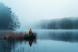 ai généré une la personne séance pacifiquement sur une petit île dans le milieu de une serein lac, entouré par natures beauté. photo