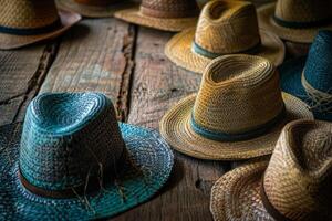 ai généré un assortiment de exquis fabriqués à la main Chapeaux est élégamment affiché sur une rustique en bois tableau, chaque chapeau récit ses posséder unique histoire. photo