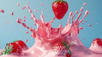 ai généré rose Lait éclaboussure avec des fraises isolé sur bleu Contexte photo