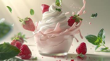 ai généré fraise Milk-shake, smoothie avec fouetté crème et fraise sur Haut. photo