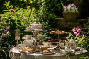 ai généré une somptueux table propager avec délectable traite dans une grandiose paramètre, évoquant une sens de élégance et luxe. photo