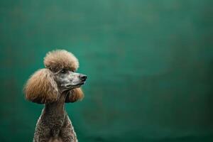 ai généré un isolé la norme caniche avec parfait boucles permanent fièrement dans de face de une brillant vert mur. photo