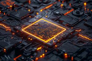 ai généré une fermer vue de une futuriste circuit planche baigné dans Orange néon lumière, mettant en valeur complexe dessins et technologie. photo