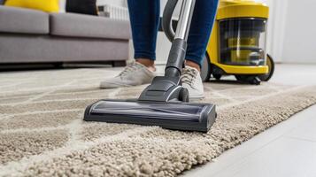 ai généré efficace nettoyage, la personne efficacement nettoyage une tapis avec vide nettoyeur, génératif ai photo