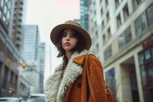 ai généré une élégant femme dans une chapeau et manteau balades en toute confiance vers le bas une animé ville rue, mélange dans avec le Urbain paysage. photo