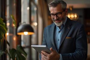 ai généré une homme d'affaire dans une lisse costume attentivement Commentaires Assurance les options sur une numérique tablette. photo