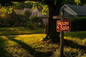 ai généré une vibrant maison pour vente signe des stands dans de face de une majestueux arbre, offre une chance à posséder une Nouveau Accueil dans une serein paramètre. photo