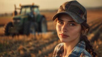ai généré magnifique femelle agriculteur dans une casquette avec une tracteur dans le Contexte photo