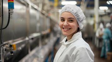 ai généré une nourriture industriel production femme ouvrier dans plein sécurité Vêtements photo