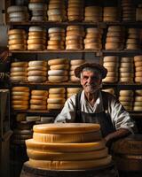 ai généré italien fromage fabricant avec le sien piles de fabriqué photo