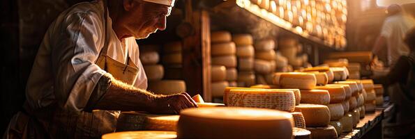 ai généré italien fromage fabricant avec le sien piles de fabriqué photo