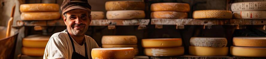 ai généré italien fromage fabricant avec le sien piles de fabriqué photo