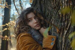 ai généré pensif femme étreindre gros arbre tronc dans le forêt, lien avec la nature photo