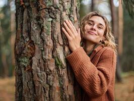 ai généré pensif femme étreindre gros arbre tronc dans le forêt, lien avec la nature photo