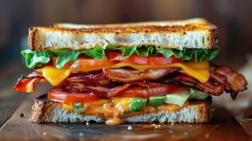 ai généré une savoureux grillé fromage sandwich avec bacon, laitue, tomate et Avocat photo