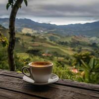 ai généré prendre plaisir une tasse de café tandis que surplombant une café plantation photo