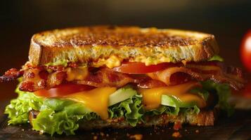 ai généré une savoureux grillé fromage sandwich avec bacon, laitue, tomate et Avocat photo