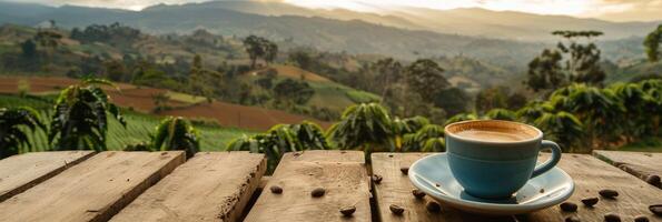 ai généré prendre plaisir une tasse de café tandis que surplombant une café plantation photo