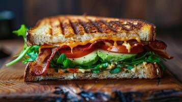 ai généré une savoureux grillé fromage sandwich avec bacon, laitue, tomate et Avocat photo