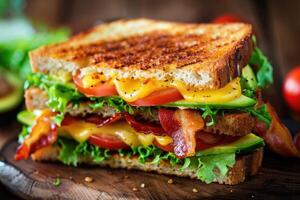 ai généré une savoureux grillé fromage sandwich avec bacon, laitue, tomate et Avocat photo