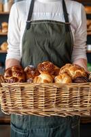 ai généré fermer femme en portant osier panier avec beaucoup différent des pâtisseries photo