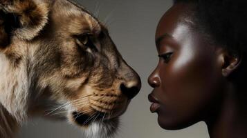 ai généré une lionne suivant à une noir peau femme photo