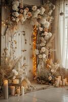 ai généré toile de fond pour beige boho séance photo dans Jaune lumières et blanc fleurs